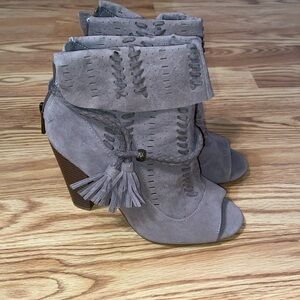 BAMBOO Desert Taupe Peep-Toe Heeled Boots